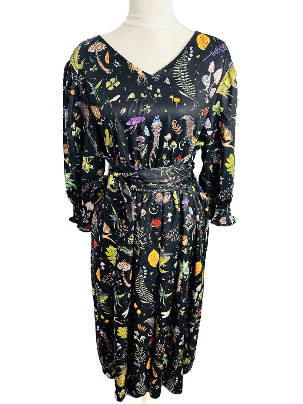 Whimsigoth Potions Botanical Print MIDI Dress with Wrap Around Belt by Coramoon